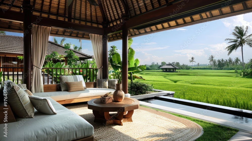 Tropical Villa Patio with Rice Paddy View Tropical Villa Patio with Rice Paddy View