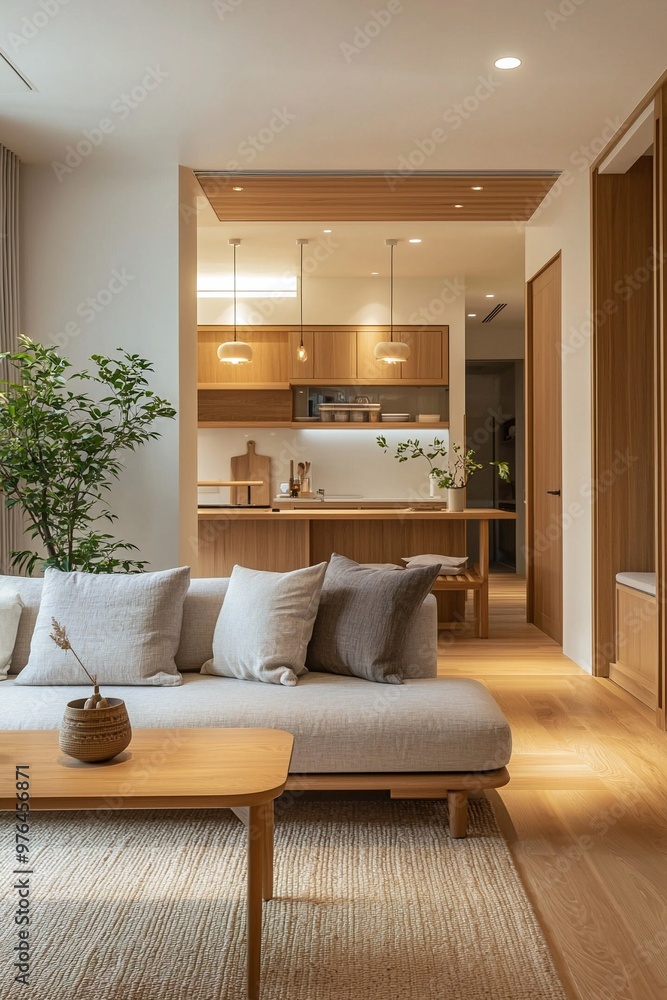 Fototapeta premium This is the living room and kitchen of the house with the wood finish. This is a modern japandi interior with a sofa in the living room. Generative AI 