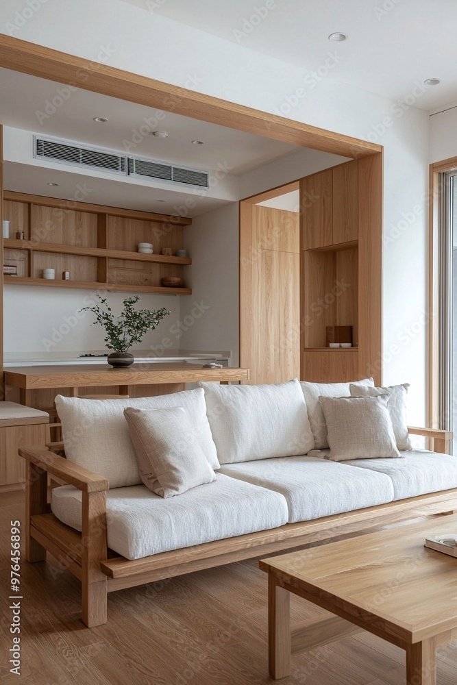 This is the living room and kitchen of the house with the wood finish. This is a modern japandi interior with a sofa in the living room. Generative AI
This is the living room and kitchen of the house with the wood finish. This is a modern japandi interior with a sofa in the living room. Generative AI