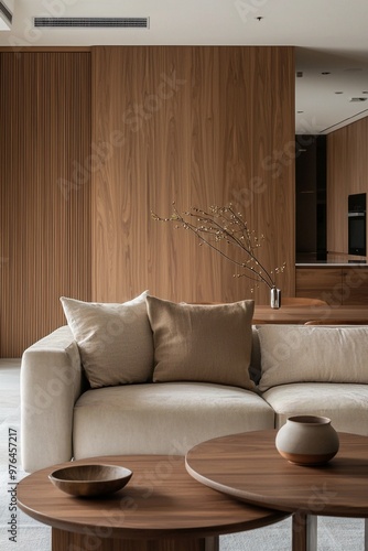 This is the interior of the living room, finished with wood from a wooden board. This is a photo of the Japandi Mid century Modern Interior with a sofa and a wooden table, Generative AI
