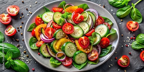 Top view of a colorful vegetable salad on a plate with tomato, cucumber, onion, spinach, lettuce, and sesame seeds. Healthy diet menu photo