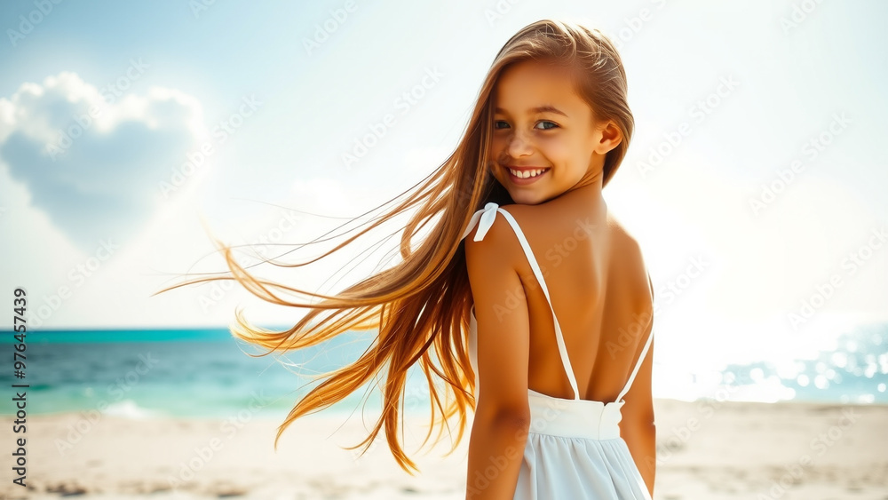 海辺で振り返る少女と雲ハート 海辺で振り返る少女と雲ハート