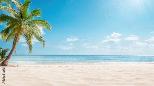 Serene beach scene with palm tree, soft sand, and azure ocean under a clear sky, perfect for relaxation and vacation imagery.