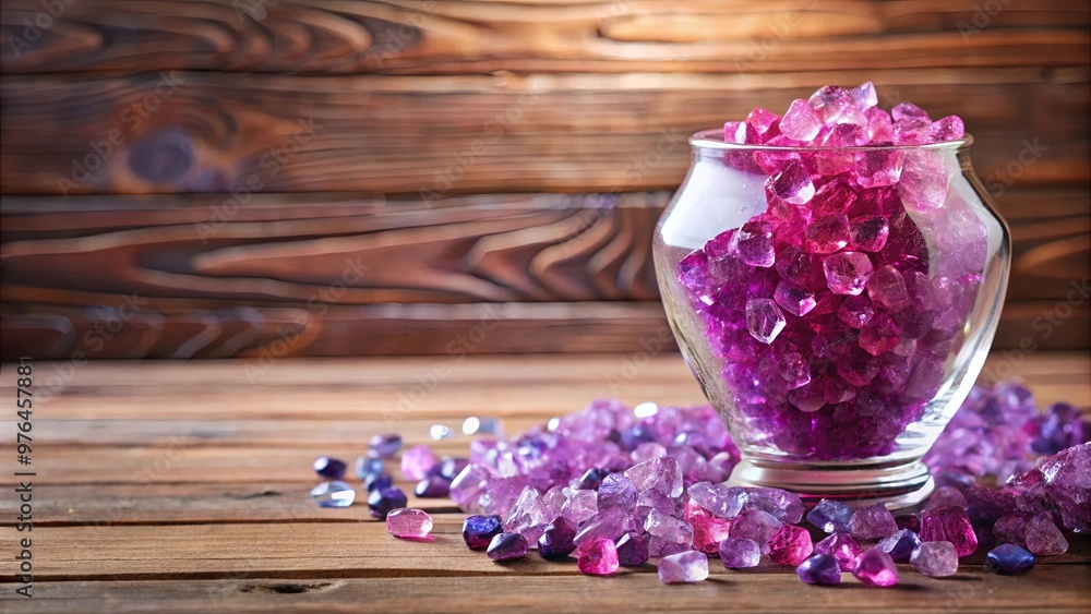 A beautiful arrangement of pink and purple crystals on a wooden table next to a glass vase with a light A beautiful arrangement of pink and purple crystals on a wooden table next to a glass vase with a light