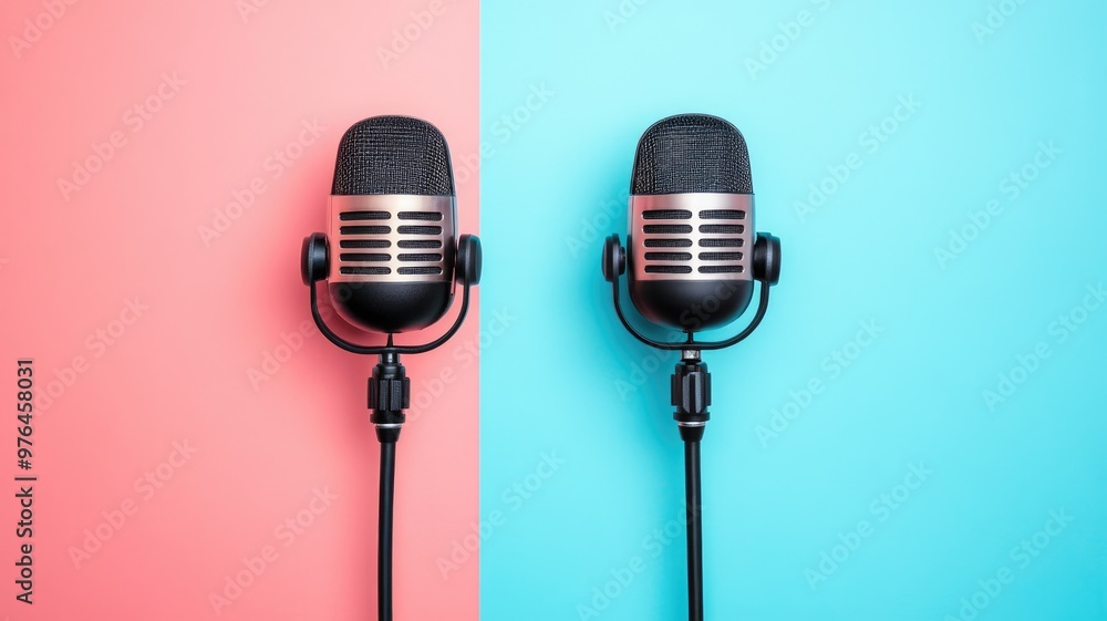 Two microphones on split pink and blue background Two microphones on split pink and blue background