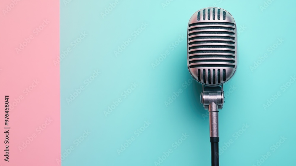 Fototapeta premium Retro microphone on pink and turquoise background