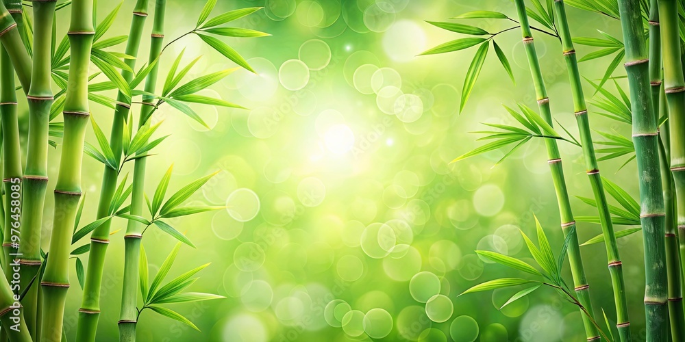 Obraz premium Abstract bamboo garden background with branch frames on blurred green background, perfect for spa, vacation, travel, and cosmetics