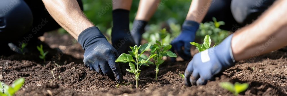 Fototapeta premium Hands of gardeners wearing black gloves planting green seedlings into soil, demonstrating teamwork and care for gardening in a well-tended garden setting.