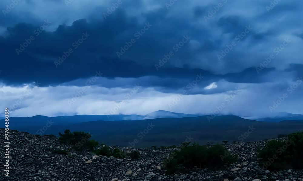 A dramatic landscape featuring dark clouds and lightning over rocky terrain. A dramatic landscape featuring dark clouds and lightning over rocky terrain.