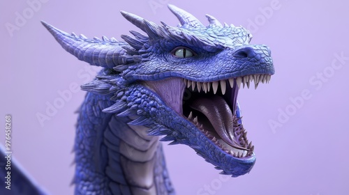 A detailed, mythical blue dragon with scales, wings, and sharp teeth against a lilac background. Perfect for fantasy themes and imaginative designs.