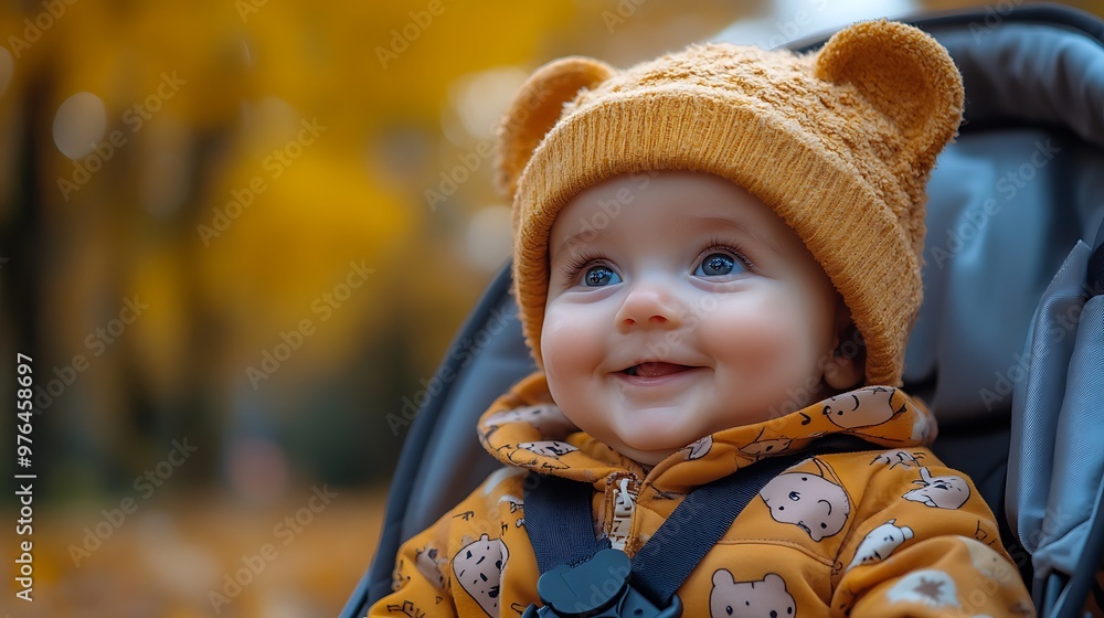 A baby in a stroller wearing a cute bear hat smiles at the camera in an autumn park. A baby in a stroller wearing a cute bear hat smiles at the camera in an autumn park.