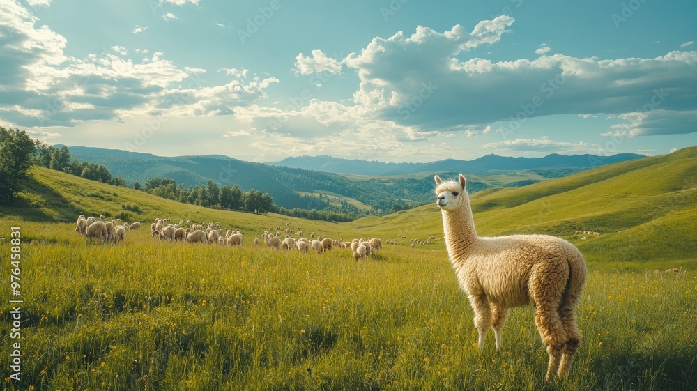 Fototapeta premium Lush green pasture with alpaca and flock of sheep under cloudy sky