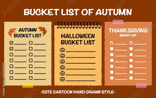 Hand drawn style autumn travel bucket lists set. Halloween checklists with pumpkin pattern. Cartoon doodle style Thanksgiving  day do list. Cute colorful fall bucket list memo. Chart, Idea, Paper note