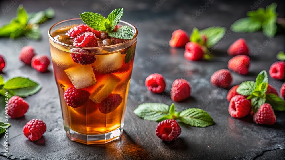 Close-up of refreshing ice tea glass with raspberries and mint garnish Close-up of refreshing ice tea glass with raspberries and mint garnish