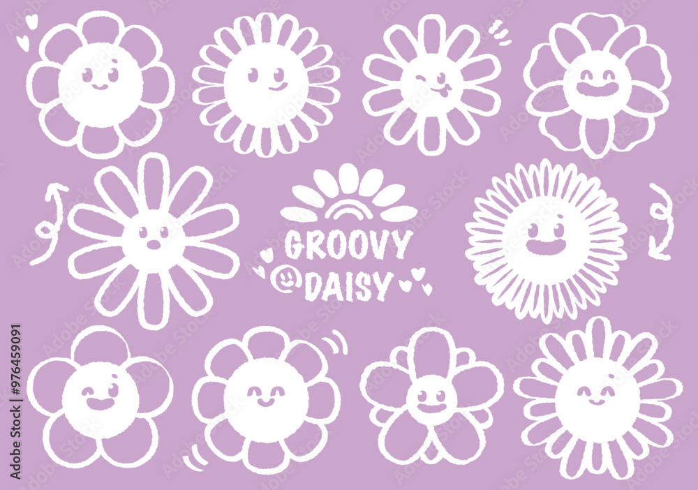 Set of hand drawn grunge charcoal, pencil, chalk groovy daisy smiley character. Variety emotions of chamomile colorful flower facial. Cartoon flowers faces. Smiled character with petals, floral face Set of hand drawn grunge charcoal, pencil, chalk groovy daisy smiley character. Variety emotions of chamomile colorful flower facial. Cartoon flowers faces. Smiled character with petals, floral face