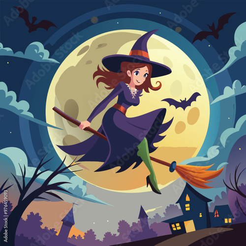 A witch flying on a broomstick across a full moonlit sky vector illustration