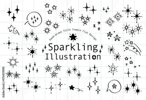Set of hand drawn style twinkling star vector. Variety of doodle style shine sparkling line out star. Shiny spark silhouette. Party spark, festive sparkle burst or shine glitter starburst.