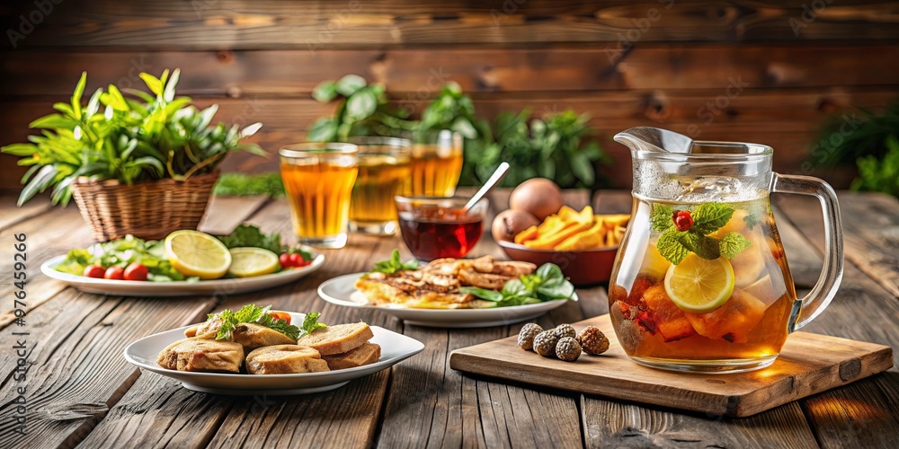 A delicious spread of food with a pitcher of iced tea on a wooden table A delicious spread of food with a pitcher of iced tea on a wooden table