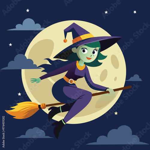 A witch flying on a broomstick across a full moonlit sky vector illustration