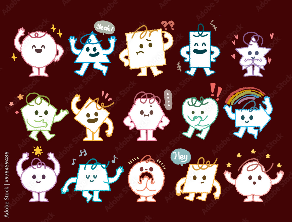 Abstract geometric character. Cartoon cute geometry shapes with funny faces, legs, hands. Kids geometric characters with eyes. Basic style figure, square triangle, polygonal and circle. Preschool Abstract geometric character. Cartoon cute geometry shapes with funny faces, legs, hands. Kids geometric characters with eyes. Basic style figure, square triangle, polygonal and circle. Preschool
