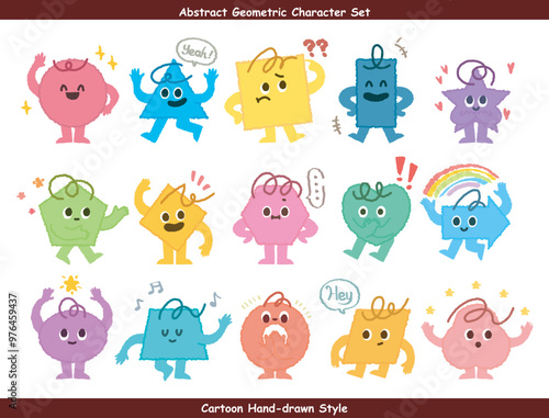 Abstract geometric character. Cartoon cute geometry shapes with funny faces, legs, hands. Kids geometric characters with eyes. Basic style figure, square triangle, polygonal and circle. Preschool 
