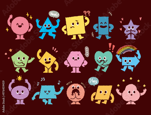 Abstract geometric character. Cartoon cute geometry shapes with funny faces, legs, hands. Kids geometric characters with eyes. Basic style figure, square triangle, polygonal and circle. Preschool 