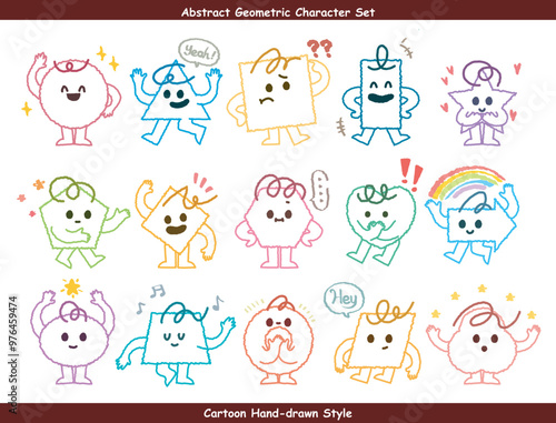 Abstract geometric character. Cartoon cute geometry shapes with funny faces, legs, hands. Kids geometric characters with eyes. Basic style figure, square triangle, polygonal and circle. Preschool 