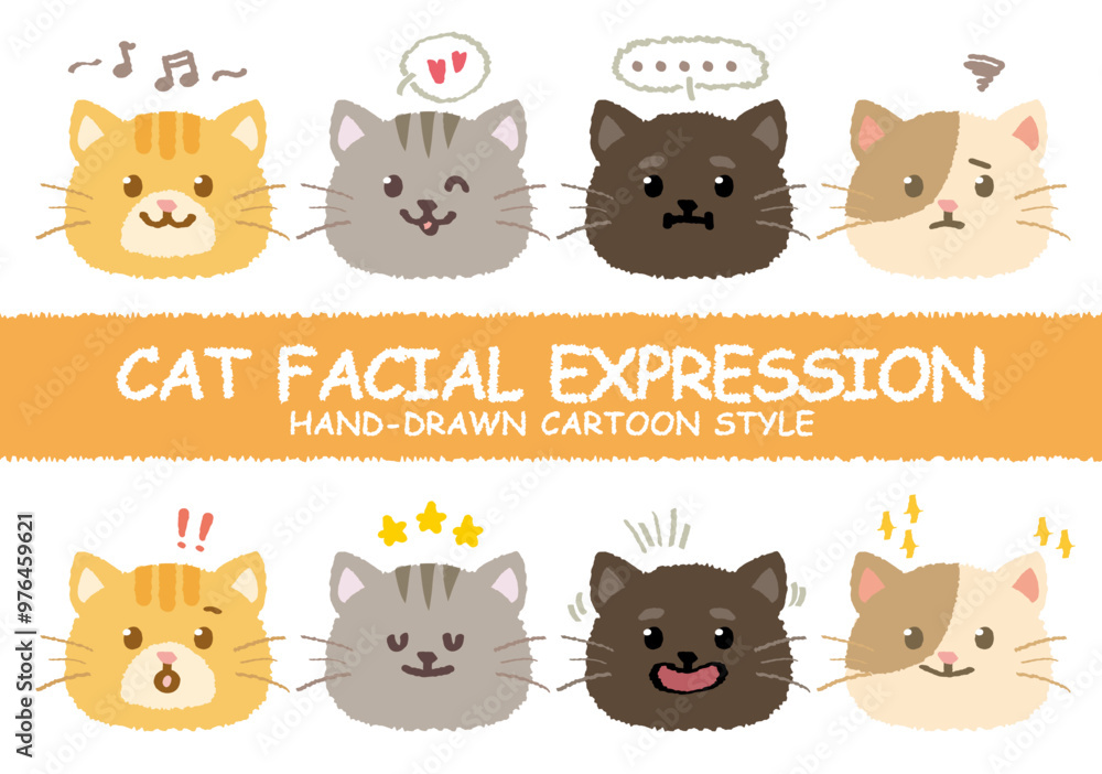 Fototapeta premium Hand drawn style cat facial expression. Cute crayon drawn colorful variety kitten character face emotion. Sketch pet face doodle handmade. Kids animals. Funny stylish muzzle isolated pets.Vector