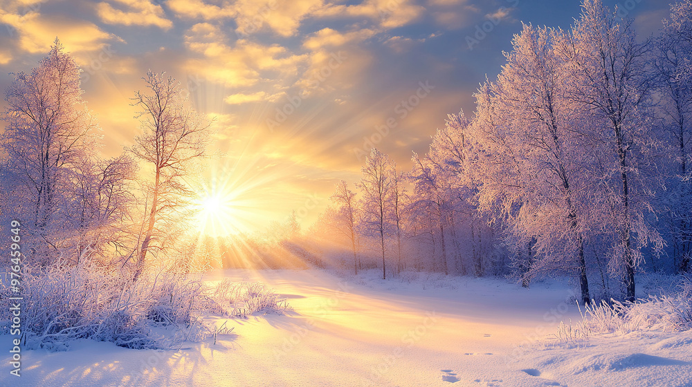 Beautiful winter landscape with snow-covered trees and a meadow, a beautiful sunrise in the sky, a fantasy winter background Beautiful winter landscape with snow-covered trees and a meadow, a beautiful sunrise in the sky, a fantasy winter background