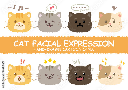 Hand drawn style cat facial expression. Cute crayon drawn colorful variety kitten character face emotion. Sketch pet face doodle handmade. Kids animals. Funny stylish muzzle isolated pets.Vector