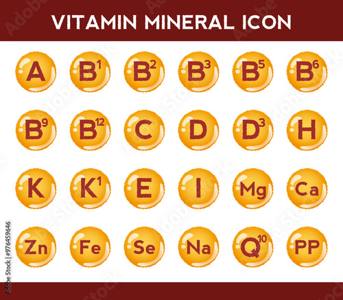 Vitamin, mineral icon set. Nutrition, food supplement design. Multivitamin complex with C, B, E, D vitamins.Multivitamins capsules minerals. Vitamin complex. Dietary supplement for pharmacy advertisem
