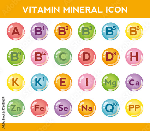 Vitamin, mineral icon set. Nutrition, food supplement design. Multivitamin complex with C, B, E, D vitamins.Multivitamins capsules minerals. Vitamin complex. Dietary supplement for pharmacy advertisem