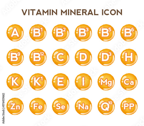 Vitamin, mineral icon set. Nutrition, food supplement design. Multivitamin complex with C, B, E, D vitamins.Multivitamins capsules minerals. Vitamin complex. Dietary supplement for pharmacy advertisem