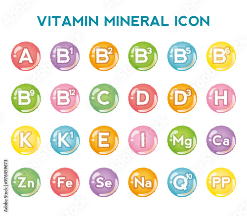 Vitamin, mineral icon set. Nutrition, food supplement design. Multivitamin complex with C, B, E, D vitamins.Multivitamins capsules minerals. Vitamin complex. Dietary supplement for pharmacy advertisem