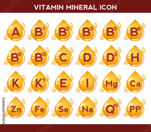Vitamin, mineral icon set. Nutrition, food supplement design. Multivitamin complex with C, B, E, D vitamins.Multivitamins capsules minerals. Vitamin complex. Dietary supplement for pharmacy advertisem