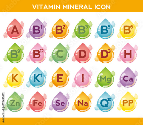 Vitamin, mineral icon set. Nutrition, food supplement design. Multivitamin complex with C, B, E, D vitamins.Multivitamins capsules minerals. Vitamin complex. Dietary supplement for pharmacy advertisem