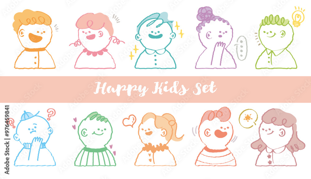 Hand drawn stylish variety race kids character avatar. Colorful crayon drawn child profile facial emotions. Doodle style student face expression. Flat abstract line drawing style head vector.Children Hand drawn stylish variety race kids character avatar. Colorful crayon drawn child profile facial emotions. Doodle style student face expression. Flat abstract line drawing style head vector.Children