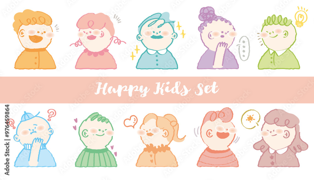 Hand drawn style stylish character avatar. Colorful crayon drawn people profile with variety facial emotions. Set of out line style kids face expression. Flat abstract line drawing style head vector. Hand drawn style stylish character avatar. Colorful crayon drawn people profile with variety facial emotions. Set of out line style kids face expression. Flat abstract line drawing style head vector.