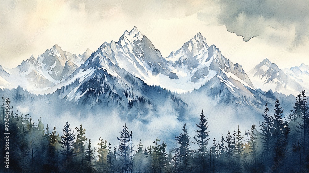 custom made wallpaper toronto digitalA watercolor painting of a snow-capped mountain range with a forest of trees in the foreground.