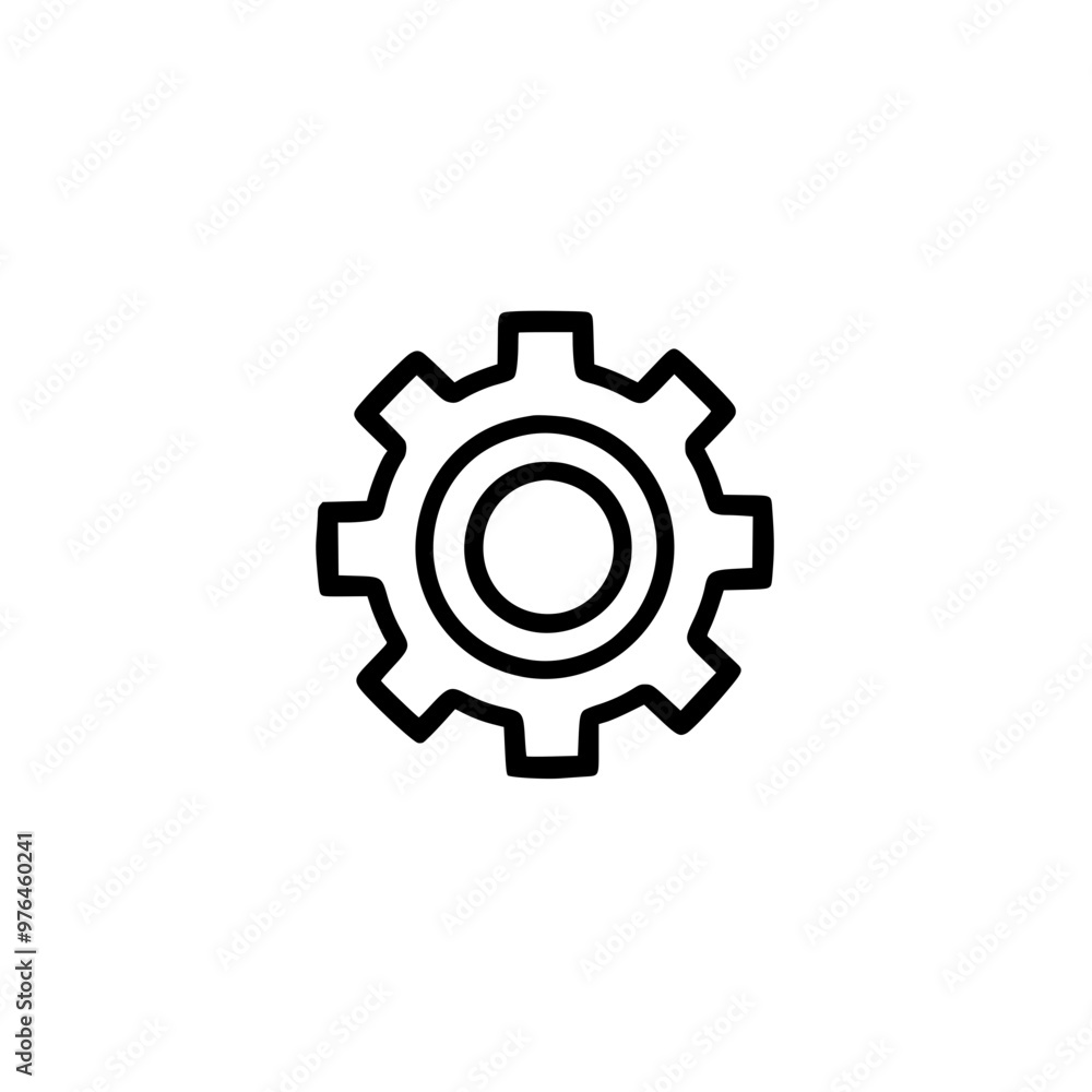 Black and white illustration of a gear icon symbolizing machinery or settings on a white background. Black and white illustration of a gear icon symbolizing machinery or settings on a white background.