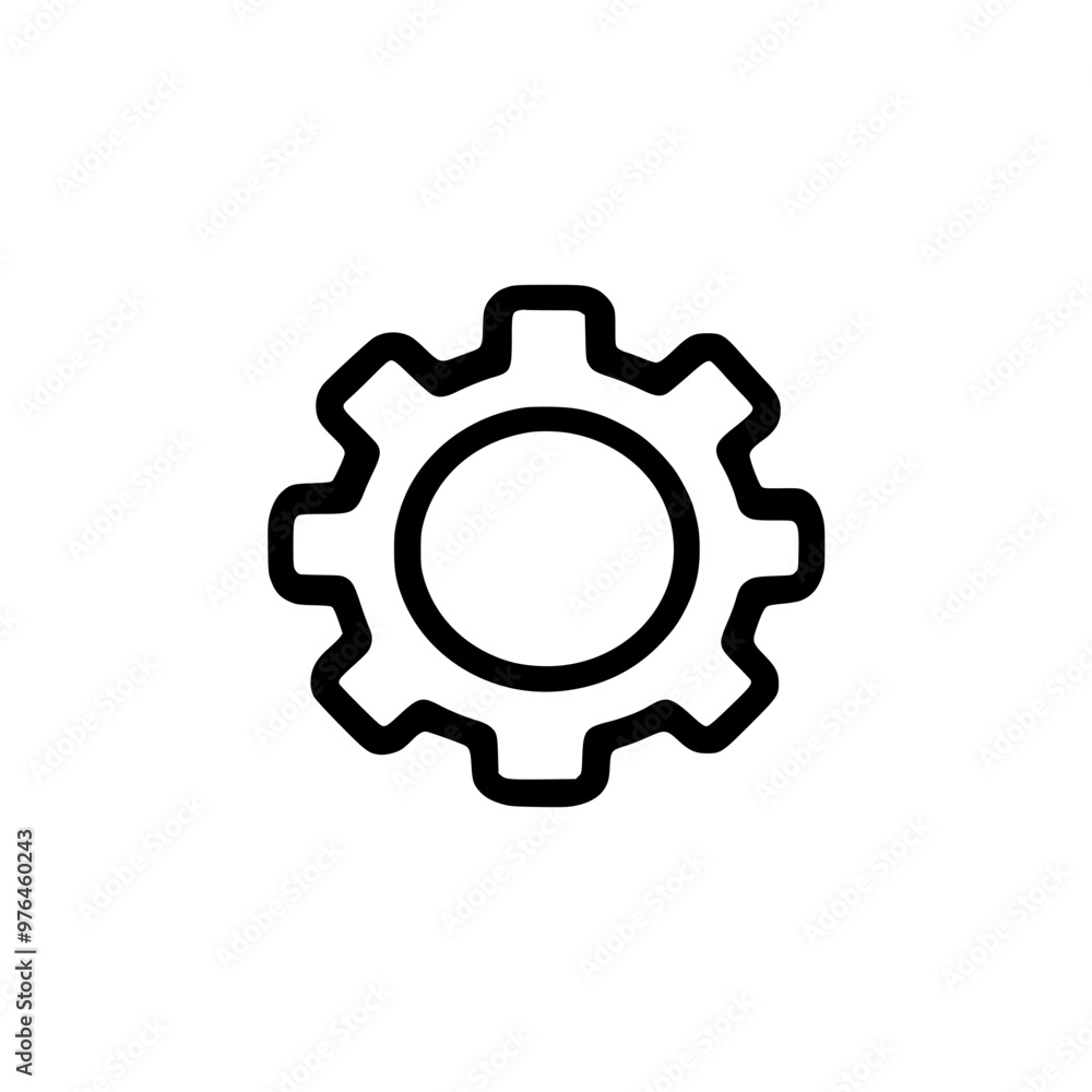 Black and white gear icon with a simple, minimalist design on a white background. Black and white gear icon with a simple, minimalist design on a white background.
