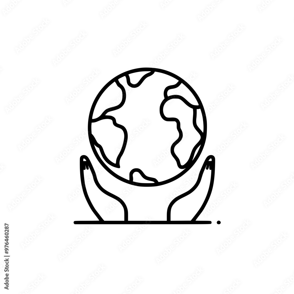 Black and white illustration of hands holding the Earth symbolizing protection and care. Black and white illustration of hands holding the Earth symbolizing protection and care.