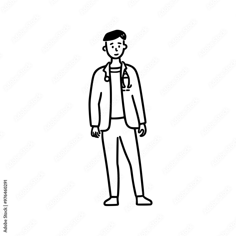Illustration of a male doctor wearing a stethoscope, dressed in professional attire, standing confidently. Illustration of a male doctor wearing a stethoscope, dressed in professional attire, standing confidently.