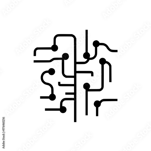 Abstract black and white illustration of a digital circuit resembling a brain.