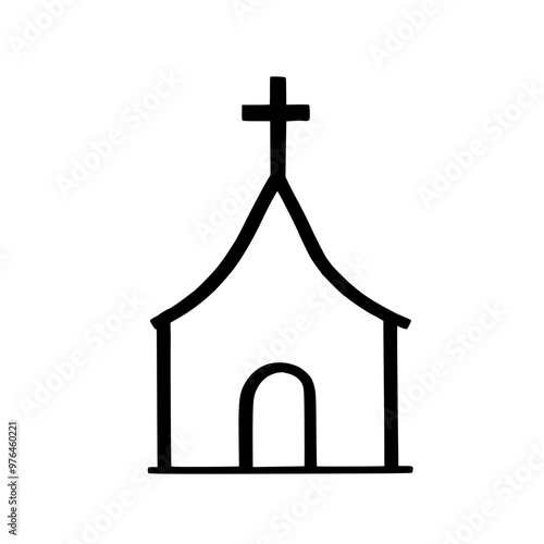 Simple black and white line drawing of a church with a cross on top.