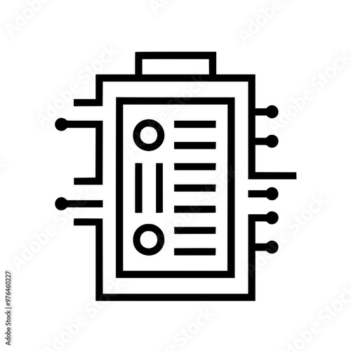 Abstract black and white illustration of a microchip with circuit lines extending outward.