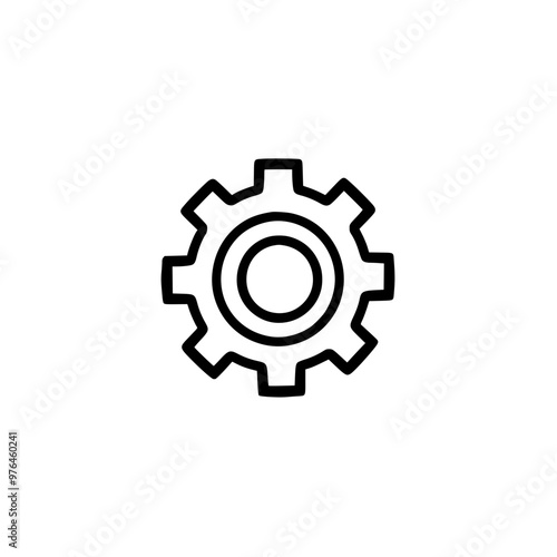 Black and white illustration of a gear icon symbolizing machinery or settings on a white background.