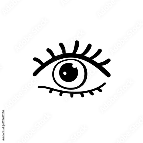 Black and white illustration of a human eye with detailed eyelashes and pupil.