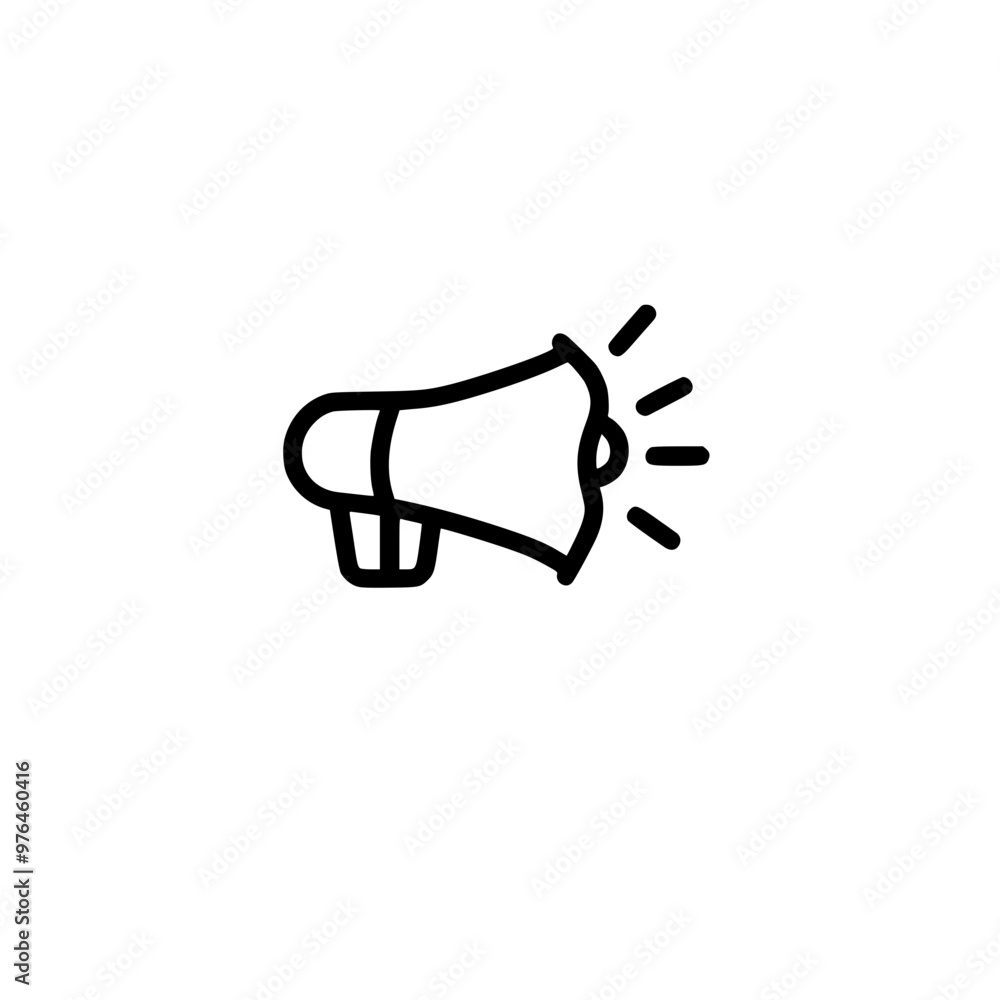 Simple black and white megaphone icon with sound lines on a plain white background. Simple black and white megaphone icon with sound lines on a plain white background.