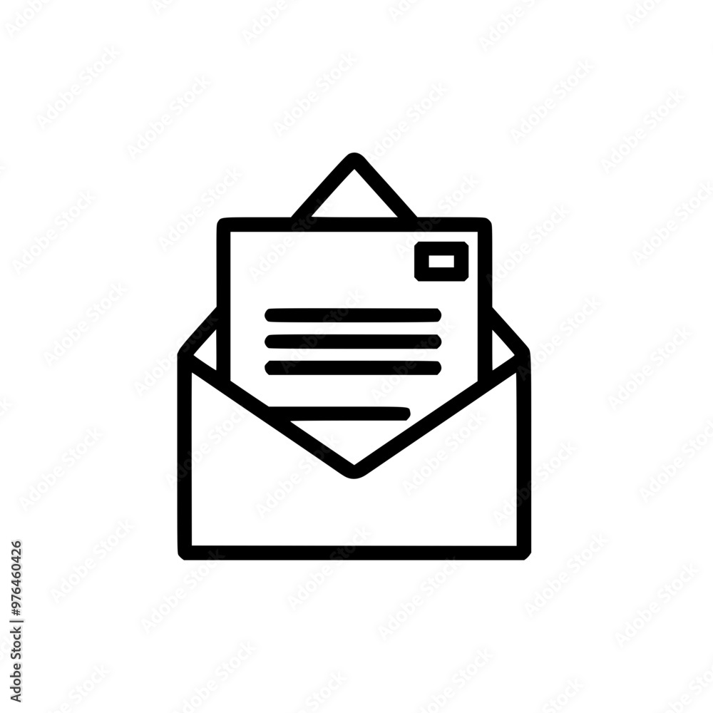 Black and white envelope icon with a letter peeking out on a white background. Black and white envelope icon with a letter peeking out on a white background.